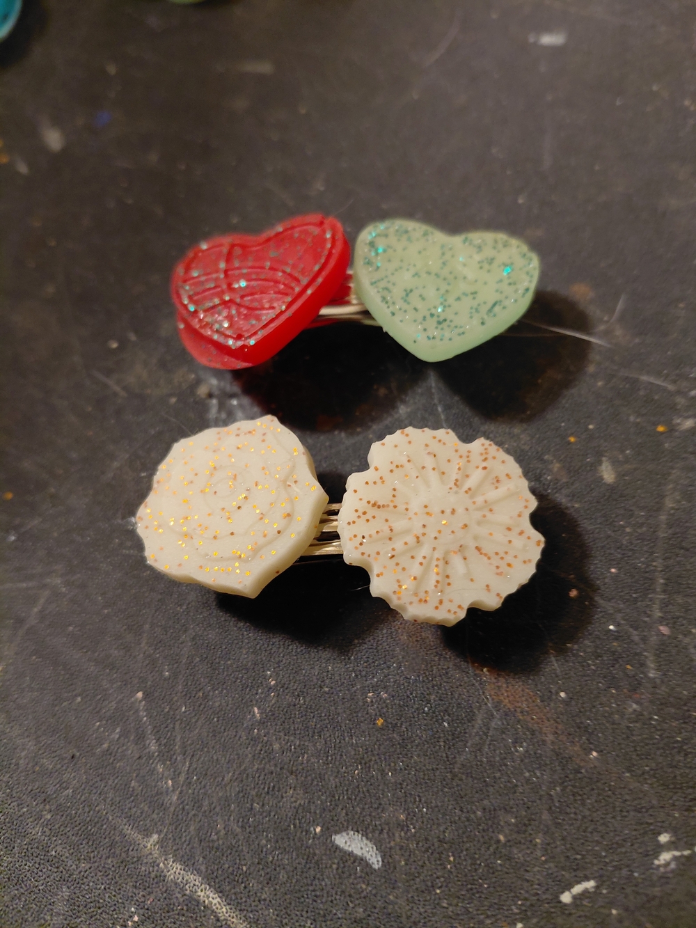 Sparkle Heart and Floral Hair Clips - Red, Mint & Cream